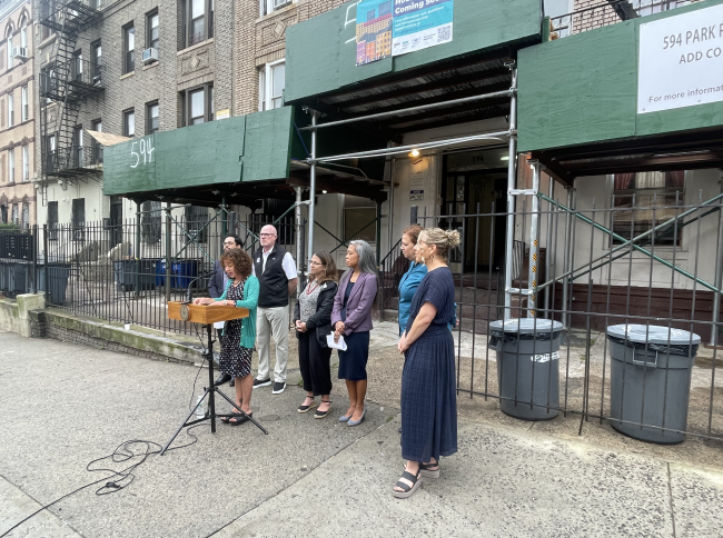 Deputy Mayor for Operations Meera Joshi announces the GreenHOUSE fund to a small crowd of reporters and advocates on Thursday, Sept. 26th.